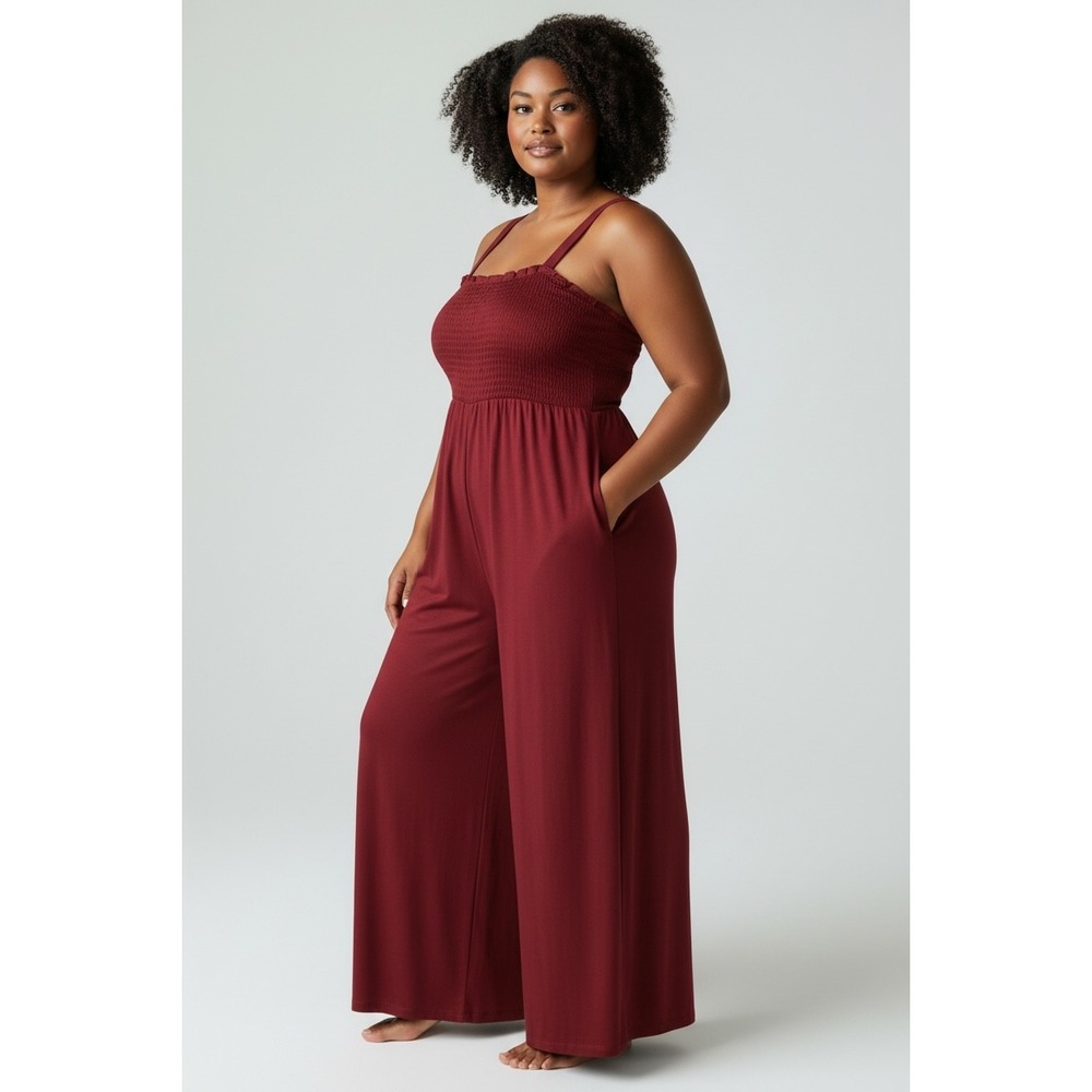 Coeur De Vogue Burgundy/Red Smocked Wide Leg Jumpsuit Party Holiday Size L‎